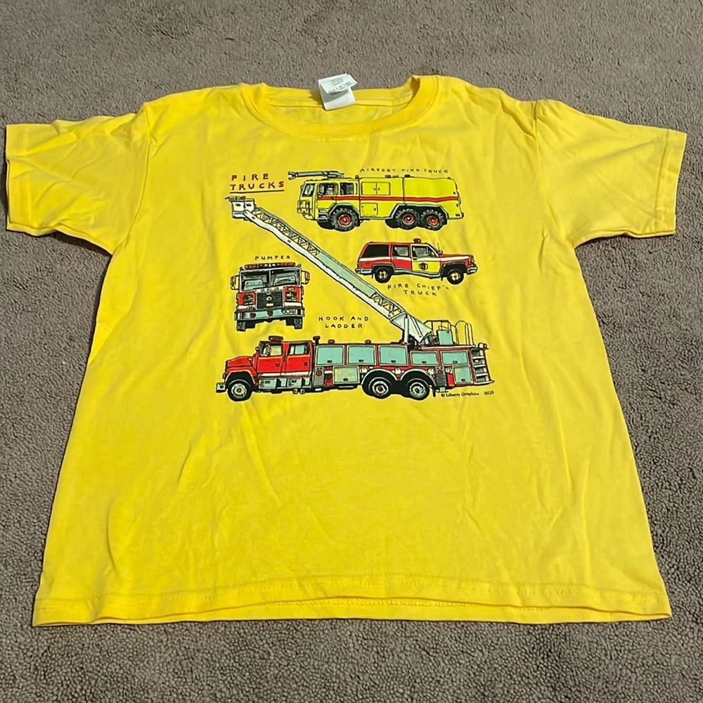 Kids fire truck print t-shirt. Printed on a Gildan XS kids yellow t-shirt.